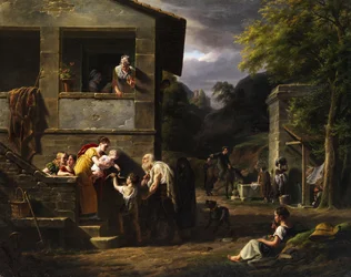 Blinde bedelaar en kleine jongen bij het huis van een voorname dame